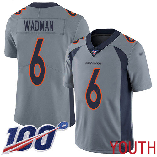 Youth Denver Broncos #6 Colby Wadman Limited Silver Inverted Legend 100th Season Football NFL Jersey